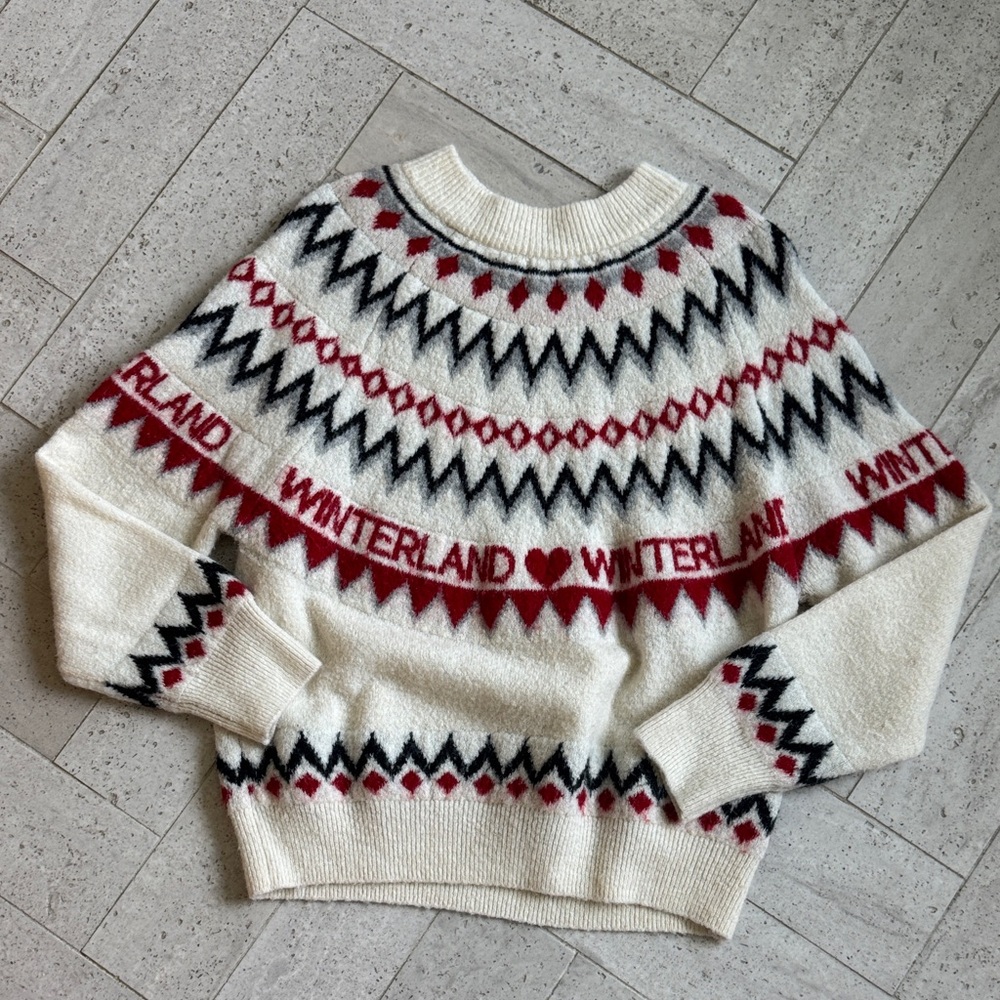 H&M Cream Sweater with Red and Black Patterns
